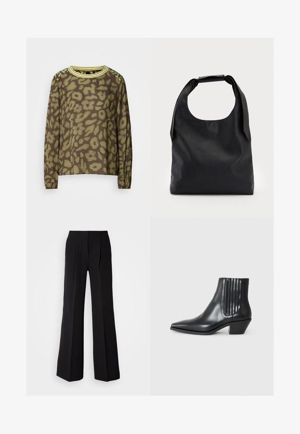 Smeđa majica dugih rukava s zelenim apstraktnim cvjetnim uzorkom, okruglim izrezom s žutim prugama i elastičnim manžetama.; Crne hlače od glatke tkanine, s visokim strukom, širokim nogavicama i dva prednja nabora za dodatne dizajnerske detalje.; Crna kožna gležnjača s šiljastim prstom, elastičnim bočnim panelima s okomitim debljinama i niskim blok-petama. Glatka tekstura i elegantan dizajn.; Crna kožna hobo torba s jednim mekanim, zaobljenim ručkom; karakterizira je glatka tekstura i minimalistički dizajn. Nema vidljivih hardverskih detalja ili akcenata.
