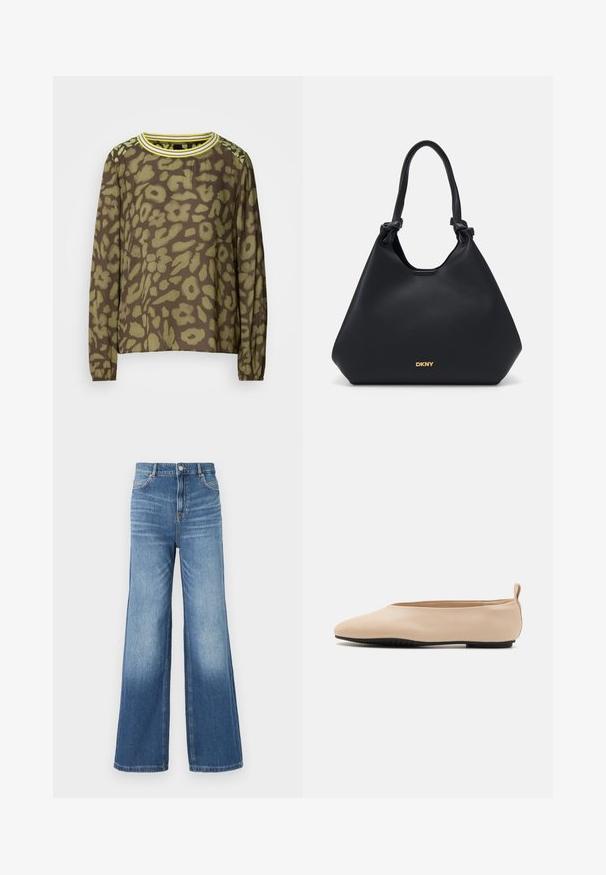 Pikem varrukaga pruun top, millel on roheline abstraktne lillemuster, ümarad kaelused kollaste triipudega ja elastsed mansetid.; Heled sinine denim laiad püksid kõrge vöökoha ja viie taskuga, vööaasadega ning kerge fade-efektiga hemmi suunas.; Bežid nahkkinged balleti sussid madala profiiliga, ümar varvas ja must kummitald, väike tagumine aas mugavaks jalga panemiseks.; Mustast nahast kott, millel on tekstureeritud viimistlus, sõlmitud käepidemed ja kuldne logo detail aluses. Omab vabalt voolavat siluetti.