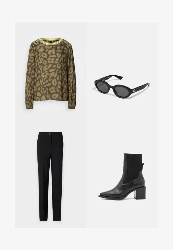 Haut marron à manches longues avec un motif floral abstrait vert, col rond avec des rayures jaunes et poignets élastiques.; Pantalon noir ajusté avec une coupe droite, doté d'une fermeture à bouton et de passants de ceinture, fabriqué en tissu lisse.; Bottine noire avec un embout pointu, fabriquée en cuir lisse et en tissu élastique. Dotée d'un talon bloc et d'un design minimaliste.; Lunettes de soleil ovales noires avec des verres sombres et une monture en plastique brillant. Présente un logo doré sur la branche, offrant un design épuré et moderne.; Sac à main en tissu à motif bleu, présentant une forme courbée, une sangle en cuir noir et un design de logo dans une teinte plus claire.