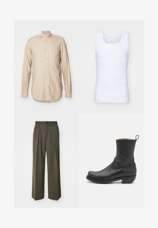Beżowa koszula z długim rękawem wykonana z lekkiego materiału, z zapięciem na guziki z przodu, rozłożonym kołnierzykiem oraz lekko zakrzywionym dołem o subtelnej fakturze.; Biała bawełniana koszulka bez rękawów z okrągłym dekoltem, charakteryzująca się gładką fakturą i dopasowanym krojem, zaprojektowana do noszenia na co dzień.; Filippa K - Spodnie materiałowe; Czarne skórzane botki do kostki o gładkiej fakturze, smukłym profilu, bocznych przeszyciach i niskim kwadratowym obcasie. Posiadają pętelkę z tyłu.