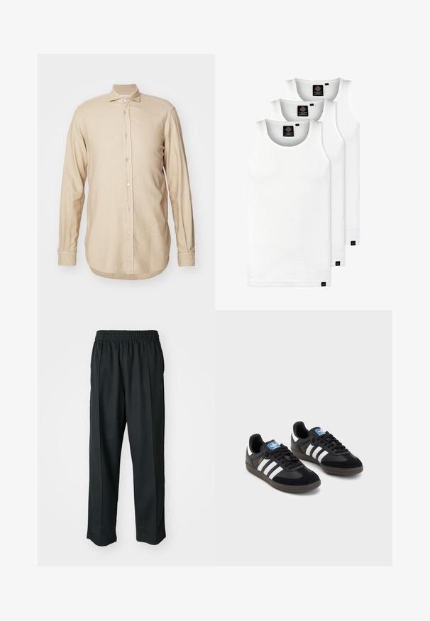 Bež pikka varrukaga särk, mis on valmistatud kergest kangast, millel on nööbid ees, hajus krae ja kumer äär, millel on peene tekstuur.; Kolm valget ribaga t-särki, mis on valmistatud puuvillast. Omavad ümmargust kaelanõhku ja väikseid musti silte hemme lähedal. Saadaval erinevates suurustes.; Mustad mustasport püksid elastse vöökoha ja sileda kangaga, millel on tagasihoidlik külgõmblus ning lõdvestatud lõige, sirge jala disain.; Mustad tossud, mille pealseks on seemisnahk ja sünteetilised materjalid, kolme valge triibuga, tekstureeritud kummitald ja sinine logo silt keele peal.