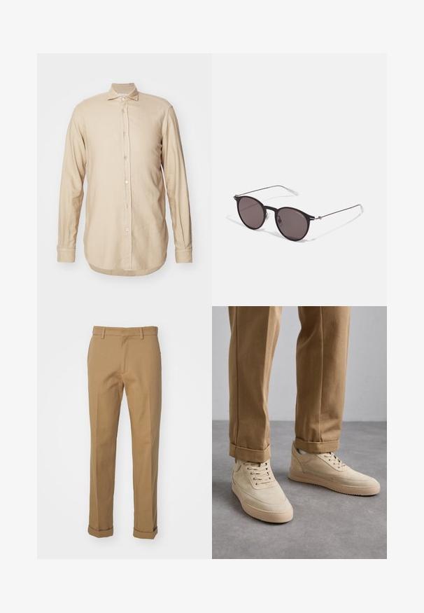 Beige long-sleeve shirt made of lightweight fabric, featuring a button-up front, spread collar, and a curved hem with subtle texture.; Brown cotton trousers with a straight cut, featuring a rolled hem, two front pockets, and a smooth texture.; Beige suede sneakers with a smooth texture, lace-up design, and rubber soles, paired with rolled-up tan pants.; Black round sunglasses with dark lenses and slim metal arms. Includes clear temple tips and silver accents at the hinge. Minimalist design.
