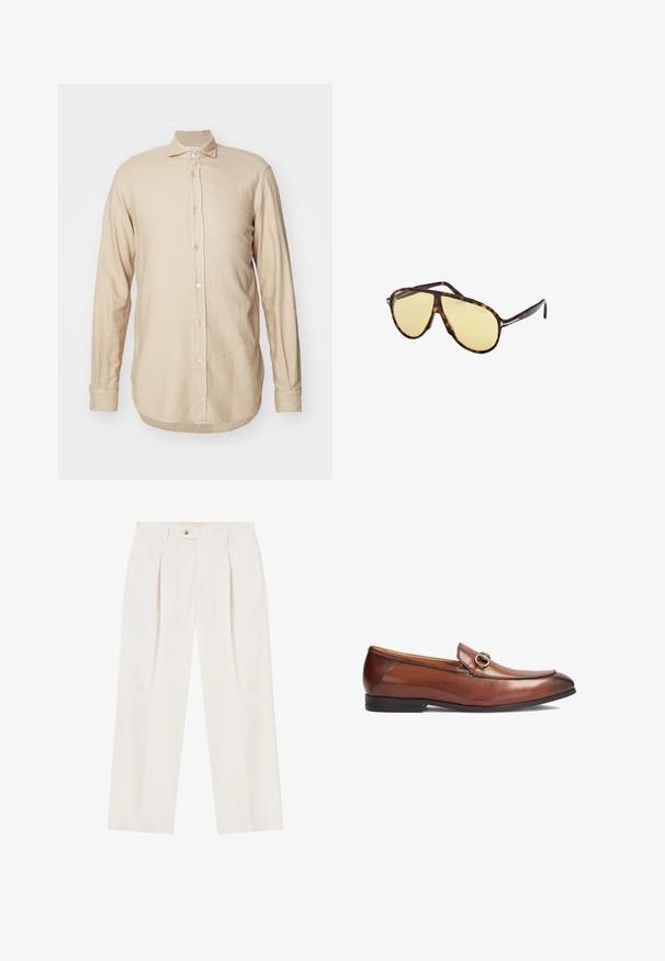 Camicia beige a maniche lunghe realizzata in tessuto leggero, con chiusura a bottoni, colletto a punta e orlo curvo con texture sottile.; Pantaloni bianchi a gamba larga con pieghe sul davanti, chiusura a un bottone e tasche laterali. Texture liscia e design sartoriale.; Mocassini in pelle marrone con punta arrotondata, dettagli cuciti e un'elegante fibbia metallica decorativa sul davanti. Suola in gomma.; Occhiali da sole tartarugati con lenti gialle. Forma aviator con doppio ponte e dettagli in metallo. Superficie liscia e design elegante.; Orologio rettangolare in oro rosa con quadrante bianco, indicatori di ore minimalisti e bracciale in metallo a maglie. Presenta una corona sul lato destro.
