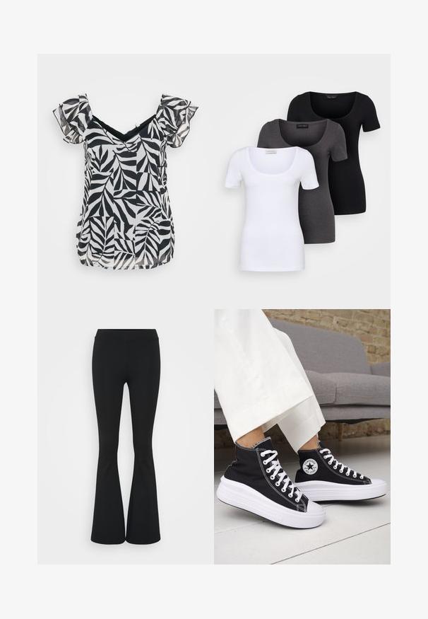 Svart og hvit kortermet bluse med V-hals og volanger på ermene, med et bladmønster i lett stoff og en løs passform.; Tre figurerte T-skjorter i hvit, grå og svart. Hver har en bred scoop-nakke og korte ermer. Laget av glatt, elastisk stoff.; Svarte flared bukser laget av elastisk stoff, med høy midje og en glatt tekstur. Buksene vidder ut fra kneet.; Svarte høye sneakers med hvite gummisåler og lisser. Har et rundt logo-merke og kontrasterende hvite sømmer. Laget av lerret.