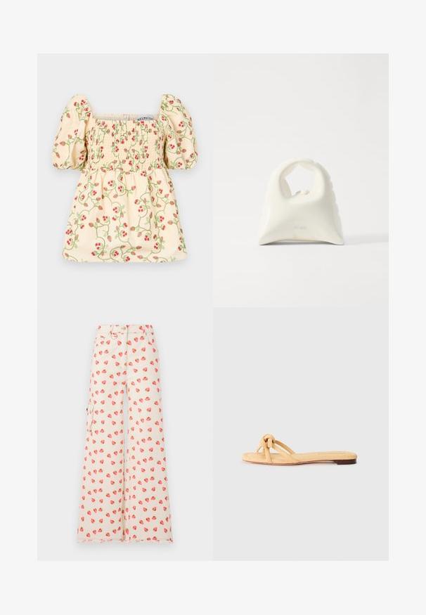 Kreemikaalune pluus puhvärviliste varrukatega, millel on kokkuvõtete detail ja lilleline tikand punaste maasikate ja roheliste viinadega.; Laiad püksid, mis on valmistatud beežist kangast, punase ja rohelise maasikakujundusega. Sisaldab külgtaskuid ja kulunud äärt.; Kollane kooritud lame sandaal, millel on kaks risti rihma, sõlmepunkt ees ja madal pruun tald.; Valge käekot, millel on tekstureeritud ja kaardus disain. Omab silmapaistvat käepidet ja ümarat põhi, sujuva viimistlusega ning minimaalsete riistadega.