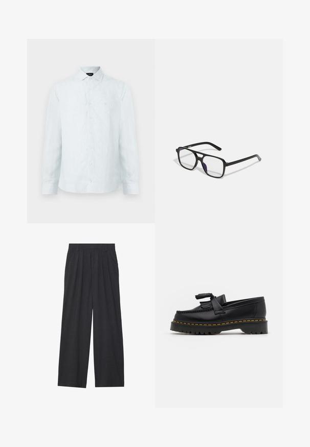Vyrų marškiniai su mygtukais šviesiai mėlynos spalvos, su baltomis vertikaliomis juostelėmis, klasikinis apykaklė, ilgomis rankovėmis ir subtiliu logotipu ant krūtinės.; Tamsiai pilkos spalvos plačios kojos kelnės. Su klostėmis ties juosmeniu, pritaikyta konstrukcija ir tiesi siluetas.; Juodas odinis loaferis su kutais, turintis masyvų juodą pado ir geltonus siūlus palei kraštą. Textūruota danga.; Juodo stačiakampio formos akinius su skaidriais lęšiais ir subtiliu purpuriniu tonu, turinčius elegantiškas rankenas ir minimalistinį dizainą.