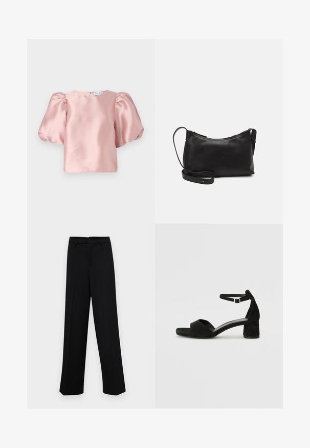 Blusa de seda cor-de-rosa com mangas curtas bufantes e decote redondo. Apresenta uma textura suave e um fecho nas costas em forma de buraco de chave.; Calças largas pretas, feitas de um tecido suave, com uma cintura clássica com fecho de botão e pregas frontais.; Sandálias de salto alto em camurça preta com uma fina tira no tornozelo, design de ponta aberta e um salto bloco discreto. Textura suave e acentos mínimos.; Bolsa de ombro em pele preta com textura suave, forma curva, alça ajustável e fecho com zip. Design minimalista sem adornos.