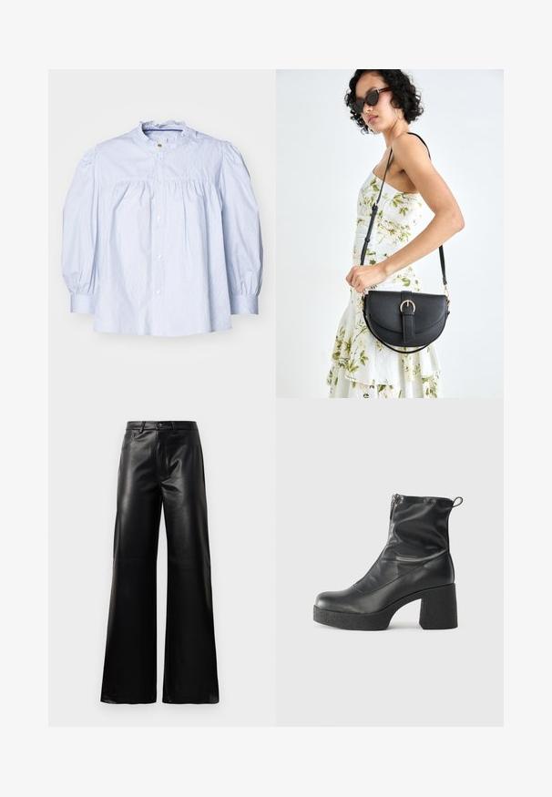 Light blue striped blouse with a ruffled collar, puffed sleeves, and button closure. Soft cotton fabric with gathered detailing at the bust.; Black high-waist wide-leg faux leather pants with front button, zip closure, belt loops, and side pockets on white background.; Black ankle boots made of smooth leather, featuring a side zipper, chunky textured heel, and rounded toe design.; Black leather handbag with a curved shape, detachable strap, and gold hardware. The bag features a flap with a buckle detail.