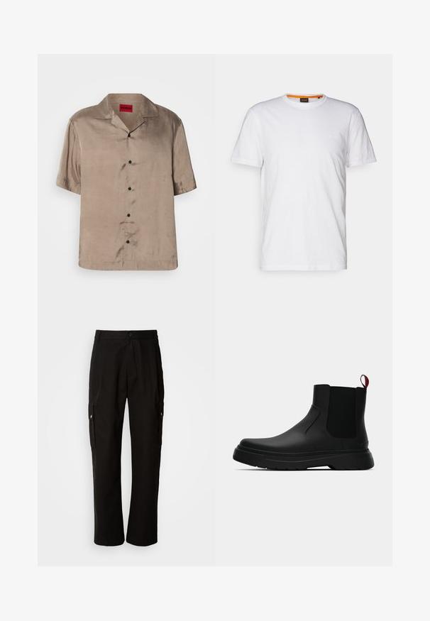 Kortärmad, beige skjorta gjord av slät tyg med krage, som har fem svarta knappar och rak fåll.; Vit bomulls T-shirt med rundad halsringning, korta ärmar och en diskret präglad logotyp på bröstet. Inuti finns en etikett med en orange accent.; Svarta cargobyxor i bomull med avslappnad passform, utrustade med sidofickor, knapplås och raka ben. Enkelt design utan mönster.; Svarta ankelstövlar med en slät yta, elastiska sidopaneler och en kontrasterande röd dragflik, med en tjock gummisula och rund tå.