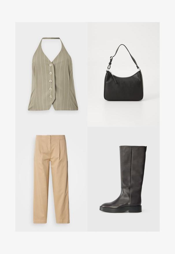 Top na halter w jasnooliwkowym kolorze, z pionowymi białymi paskami, pięcioma guzikami z przodu oraz dopasowanym krojem z rozkloszowanym dołem.; Beżowe bawełniane spodnie o luźnym kroju, z dwoma fałdami z przodu, prostą nogawką oraz klasycznym zapięciem na guzik w talii.; Czarny skórzany kozak do kolan z grubą podeszwą i subtelnym logo Calvin Klein w poblizu górnej krawędzi, pokazany z boku.; Czarna skórzana torebka o zaokrąglonym kształcie, z pojedynczym uchwytem, zamknięciem na zamek błyskawiczny oraz subtelnym logo z przodu. Gładka faktura, minimalistyczny design.