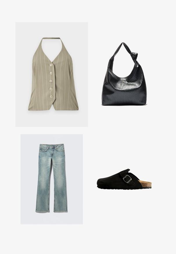 Huppupaita vaaleassa oliivinvihreässä, jossa on pystysuorat valkoiset raidat, viisi nappia edessä, ja tiukka malli, jossa on liehukehä.; Vaaleansiniset farkut, joissa on kevyt kuluminen, viisi taskua, nappikiinnitys ja suorat lahkeet valkoista taustaa vasten.; Mustat mokkasaappaat, joissa on pyöristetty nenä, säädettävä metallisolki ja korkkipohja, jossa on teksturoitu kumipohja.; Musta kudottu nahkabag, jossa on rento muotoilu, ja jossa on solmittu hihna sekä pieni koristeellinen kultatappi ylhäällä.