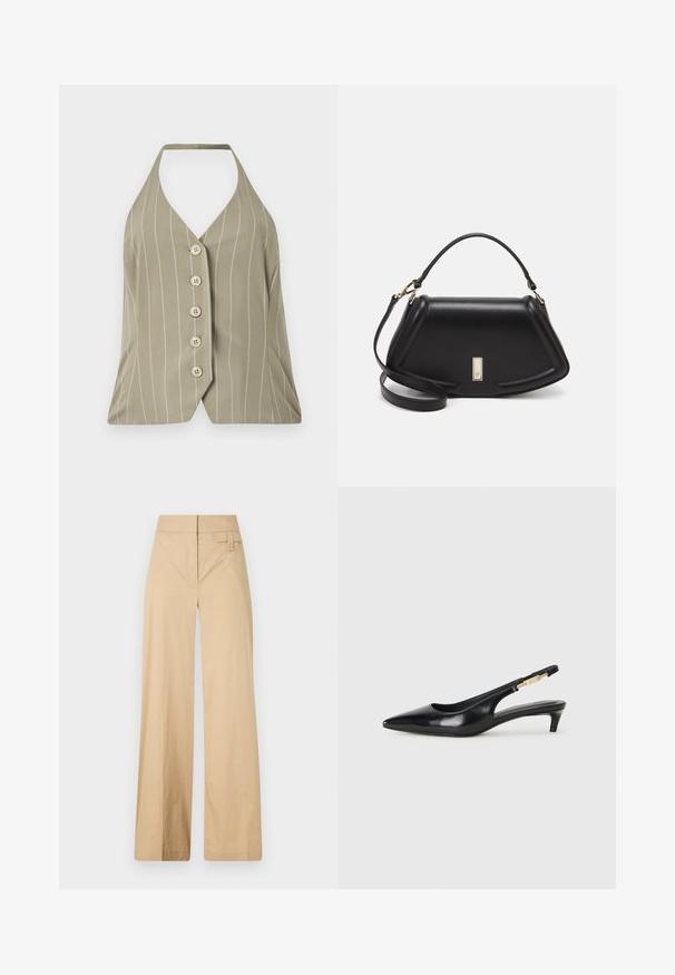 Haltertop in hellem Olivgrün mit vertikalen weißen Streifen, fünf Knöpfen an der Vorderseite und einer taillierten Passform mit ausgestellt geschnittenem Saum.; Beige weite Hosen aus Baumwollmischgewebe. Sie haben eine glatte Textur, einen elastischen Bund und eine seitliche Knopfdetail.; Schwarze Leder-Slingback-Pumps mit spitzem Schuhblatt, ausgestattet mit einem schlanken Absatz und einem goldfarbigen Akzent am verstellbaren Riemen. Glatte Textur.; Schwarze Lederhandtasche mit einem strukturierten Design, das eine verkürzte Form, einen oberen Griff und goldfarbene Hardware-Details aufweist. Verstellbarer Schulterriemen ist enthalten.