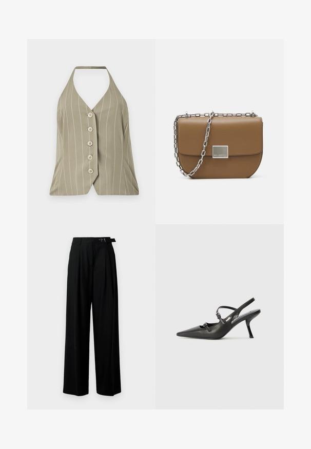 Top na halter w jasnooliwkowym kolorze, z pionowymi białymi paskami, pięcioma guzikami z przodu oraz dopasowanym krojem z rozkloszowanym dołem.; Czarne spodnie szerokie w nogawkach z wysokim stanem, z plisami z przodu oraz paskiem z klamrą. Wykonane z gładkiego, lekkiego materiału.; Czarne skórzane sandały na obcasie typu slingback z wydłużonym noskiem, smukłym obcasem i ozdobnym zapięciem na cholewce. Gładka tekstura i elegancka forma.; Brązowa skórzana torebka na ramię o zaokrąglonym kształcie, ze srebrnym łańcuszkiem i kwadratowym metalowym zapięciem z przodu.