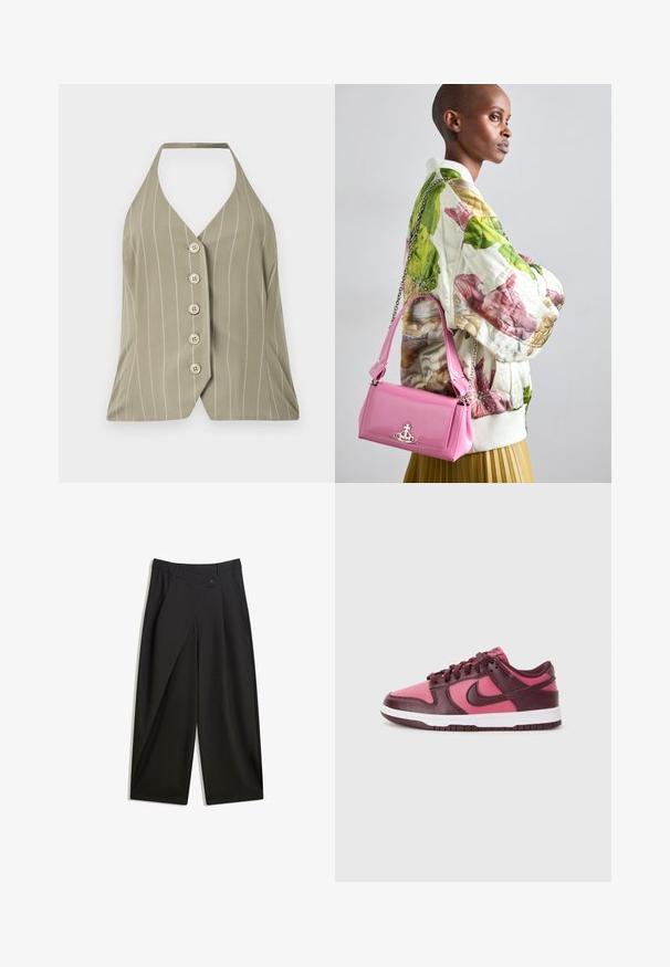 Halenka na zavazování za krkem ve světle olivově zelené barvě, s vertikálními bílými pruhy, pěti knoflíky vpředu a přiléhavým střihem s rozšířeným lemem.; Černé kalhoty s širokými nohavicemi vyrobené z hladké látky. Mají přední sklady, zapínání na knoflík a upravený pas pro štíhlý střih.; Tenisky Nike Dunk Low mají kombinaci tmavě růžové a burgunské kůže. Design zahrnuje bílou mezipodešev a perforovanou špičku pro prodyšnost.; Prošívaná květinová bomberka v zelené, růžové a béžové barvě; kombinovaná s lesklou růžovou kabelkou s řetízkem a kovovým logem.