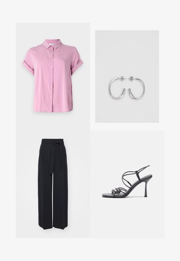 Short-sleeve, button-up shirt in light pink fabric. Features a pointed collar and rolled sleeves, with a smooth texture and a relaxed fit.; Wide-leg black trousers made of soft fabric. Features a belted waistband and front pleats. Smooth texture with a clean, contemporary design.; Black high-heeled sandals feature thin straps with a knotted design, a smooth square toe, and a sleek stiletto heel.; Silver hoop earrings with a smooth, shiny finish. Rounded shape, lightweight design, featuring a post-back closure.