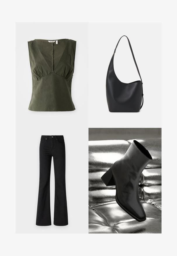 Maslina zelena majica bez rukava iz pamuka, s V-izrezom, naboranim detaljima sa strane i ravnim rubom.; Črne flare jeans hlače iz denima z visokim pasom, ki imajo pet žepov, sprednji gumb in zadrgo, gladka tekstura.; Črne gležnjarje iz sijočega materiala s kvadratnim prstom in zoženim peto, postavljene na sijoče srebrno oblazinjeno ozadje.; Črna usnjena hobo torba z gladko teksturo, ukrivljeno obliko in eno nastavljivo naramnico; ima širok odprtina na vrhu.