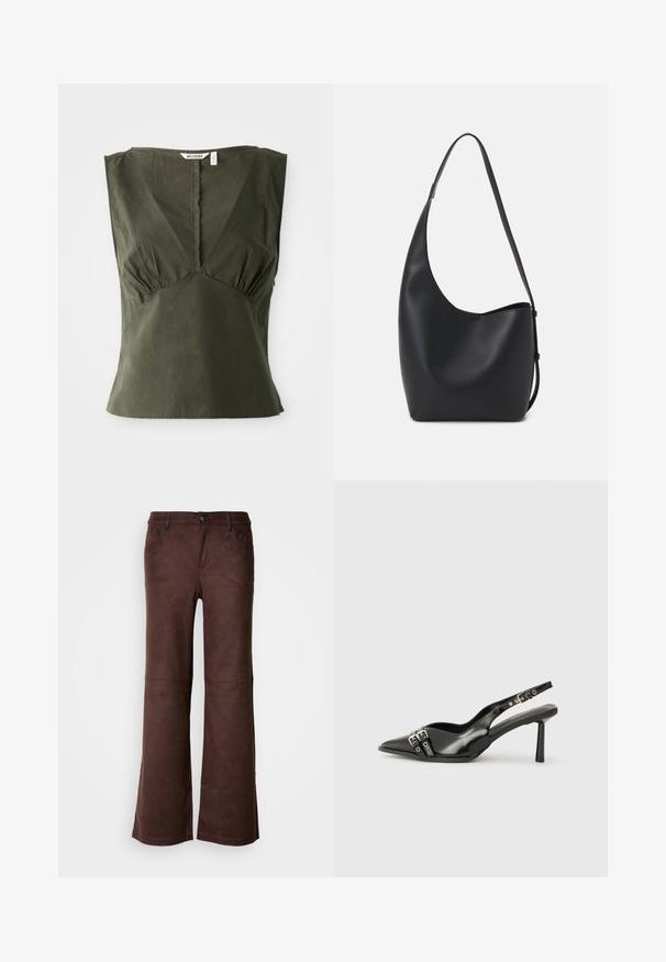 Top sin mangas de color verde oliva, hecho de algodón, con escote en V, detalles fruncidos en los lados y un dobladillo recto.; Pantalones de campana marrones en un tejido suave y parecido al ante. Presentan cuatro bolsillos, un cierre de botón y una superficie lisa y texturizada.; Zapato de charol negro tipo slingback con punta afilada, correas al tobillo con hebillas y herrajes de plata, y un tacón delgado.; Bolso tipo hobo de cuero negro con una textura suave, forma curvada y una sola correa ajustable; presenta una amplia apertura en la parte superior.