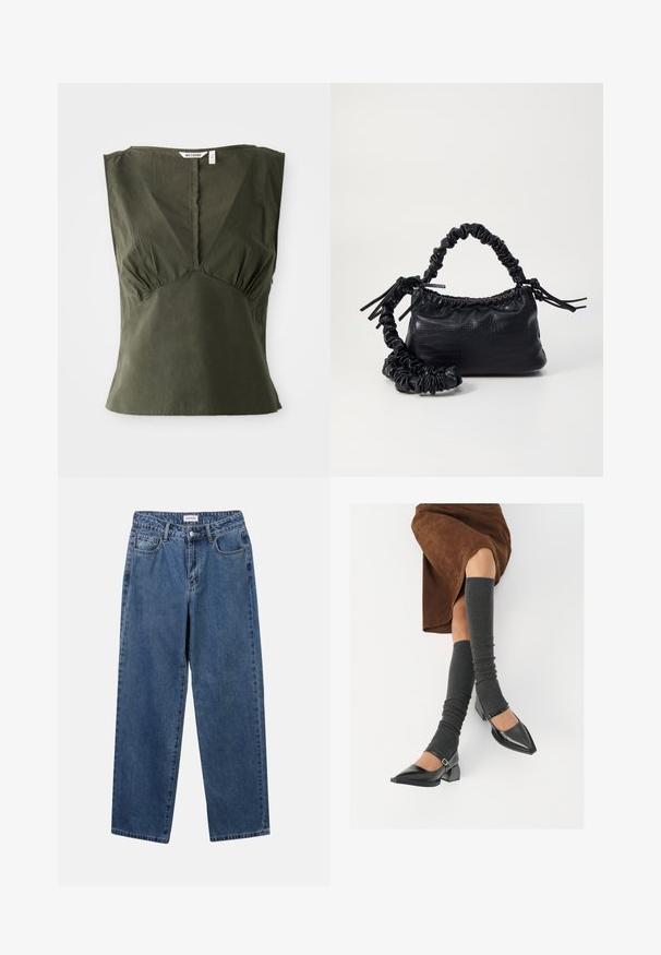 Top sem mangas verde-oliva feito de algodão, com decote em V, detalhes franzidos nas laterais e bainha reta.; Jeans de denim azul clássicos com um design de perna reta, cinco bolsos e fecho de botão. Apresenta um tratamento médio e uma textura resistente.; Sapatos pretos de pele lacada com biqueira pontuda, salto bloco e tiras no tornozelo, combinados com caneleiras cinzas em malha e uma saia de camurça castanha.; Bolsa de mão em couro sintético preto com textura de crocodilo, topo franzido e alça enrugada. Apresenta um design suave e compacto.