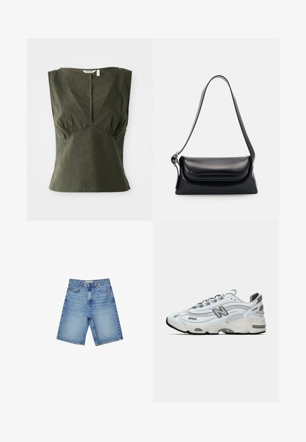 Oliwkowy top bez rękawów wykonany z bawełny, z dekoltem w kształcie litery V, marszczonymi detalami po bokach i prostym dołem.; Szorty dżinsowe w jasnoniebieskim kolorze, z klasycznym pięciopocketowym wzorem, z zamkiem błyskawicznym i delikatnym wyblaknięciem. Prosty krój z podwiniętymi brzegami.; Białe sportowe sneakersy z szarymi akcentami, wykonane z siateczki i materiałów syntetycznych, w falistym wzorze, z wyściełanym kołnierzem i gumową podeszwą z czarnym bieżnikiem.; Czarna skórzana torebka o zorganizowanym kształcie, gładkiej fakturze i pojedynczym pasku na ramię. Posiada subtelną, zaokrągloną klapkę.; Srebrny zegarek kwarcowy Casio z prostokątną tarczą, wyświetlaczami analogowymi i cyfrowymi, stalową bransoletą oraz funkcjami wodoodporności.