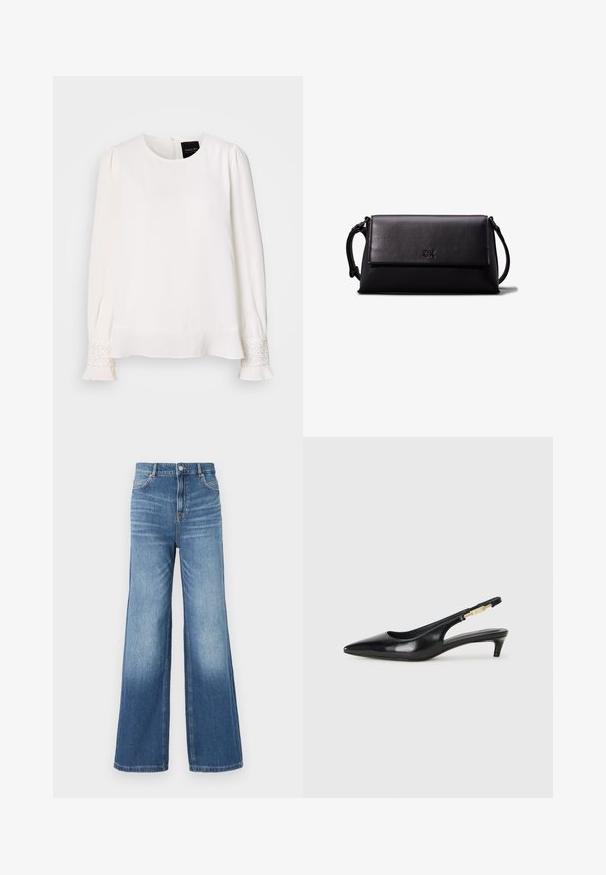 Biela blúzka s dlhým rukávom a okrúhlym výstrihom, s nariasenými ramenami a zdobením na manžetách, s hladkým, saténovým vzhľadom.; Svetlo modré denimové džínsy s širokými nohavicami a vysokým pásom, vybavené piatimi vreckami, pútkami na opasok a jemným efektom vyblednutia smerom k spodnému okraju.; Čierne kožené slingback opätky s špicatou špičkou, s úzkym opätkom a zlatým detailom na nastaviteľnom remienku. Hladká textúra.; Čierna kožená clutch taška s obdĺžnikovým tvarom, hladkou textúrou, plochým preklopom a malou rukoväťou na boku. Obsahuje jemné logo.
