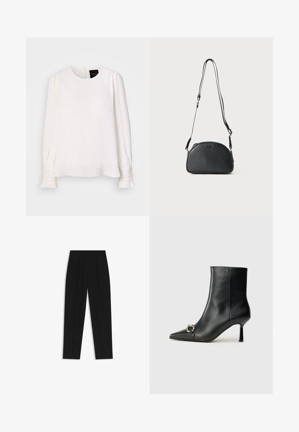 Weiße Bluse mit langen Ärmeln und rundem Halsausschnitt, mit gefältelten Schultern und mit Juwelen akzentuierten Manschetten, aus einem glatten, satinähnlichen Material.; Schwarze Hose mit geradem Schnitt, doppelten Falten, einer glatten Textur und einem klassischen Bunddesign. Keine sichtbaren Beschläge oder Akzente.; Schwarze Leder-Stiefelette mit spitzer Zehe, schlankem, mittelhohem Absatz und silberner Schnalle seitlich vor einem schlichten Hintergrund.; Schwarze Leder-Umhängetasche mit runder Form, zwei verstellbaren Trägern und einem dezenten Logo auf der Vorderseite. Strukturierte Außenseite, minimalistisches Design.