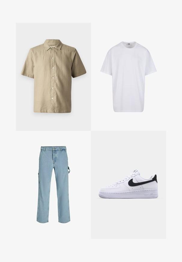 Majica s kratkimi rokavi v svetlem bež odtenku, teksturirana tkanina. Ima zapenjanje s gumbi spredaj, koničast ovratnik in šest gumbov ob zaponki.; Bela bombažna majica s kratkimi rokavi, okroglim izrezom, sproščenim krojem in brez vidnih logotipov ali vzorcev. Gladka tekstura in minimalen dizajn.; Svijetloplave traper cargo hlače s opuštenim krojem, s bočnim petljama za vezivanje i prednjim džepovima, koje prikazuju izblijedjeli teksturu.; Bela usnjena tene s teksturiranim črnim Swooshom, ravnimi vezalkami in gumijastim podplatom z rebrastim vzorcem. Na peti je embosirano "AIR".