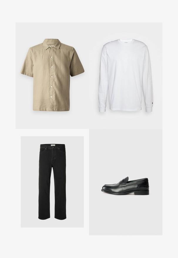 Kortærmet skjorte i lys beige, tekstureret stof. Har en knaplukning foran, spids krave og seks knapper langs knaplappen.; Hvid langærmet T-shirt lavet af bomuld. Rund halsudskæring med ribbede manchetter og et lille logo på venstre ærme. Glat tekstur.; Sorte denim straight-leg jeans har et klassisk fem-lomme design med knaplukning, minimal syning og en blød tekstur.; Sorte læder loafers med en glat overflade, syede detaljer over vamps og en let hævet hæl.