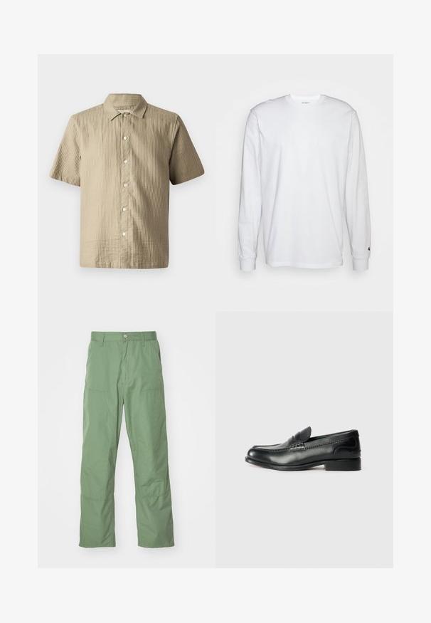 Chemise à manches courtes en beige clair, en tissu texturé. Présente une fermeture à boutons sur le devant, un col pointed et six boutons le long de la patte de boutonnage.; T-shirt blanc à manches longues en coton. Design à col rond avec des poignets côtelés et un petit logo sur la manche gauche. Texture lisse.; Pantalons vert clair, coupe décontractée avec une texture lisse, dotés de poches latérales et de détails de coutures visibles. Longueur complète avec un design à jambe droite.; Mocassins en cuir noir avec une finition lisse, des détails cousus sur le devant et un talon légèrement surélevé.