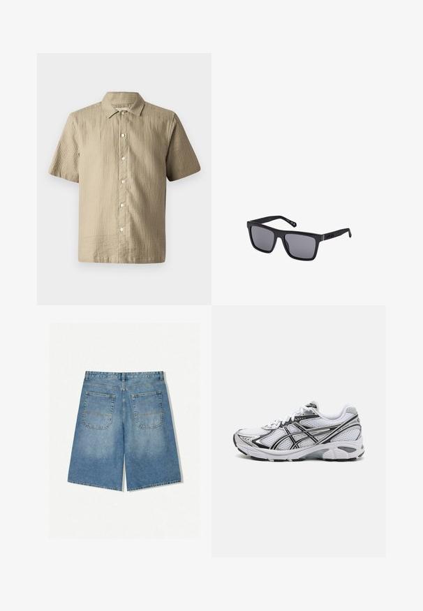 Short-sleeve shirt in light beige, textured fabric. Features a button-down front, pointed collar, and six buttons along the placket.; Denim shorts in light blue with a loose fit, featuring two back pockets and visible stitching. Fabric has a soft, smooth texture.; White athletic shoe with a mesh upper, black accents, and silver details. Features a cushioned sole and lace-up design for support.; Black rectangular sunglasses with dark lenses, a matte finish, and logo detail on the temple. The design features straight edges and thick frames.
