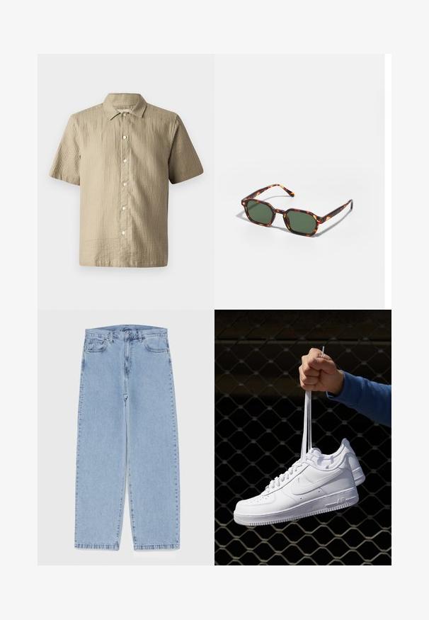 Majica s kratkimi rokavi v svetlem bež odtenku, teksturirana tkanina. Ima zapenjanje s gumbi spredaj, koničast ovratnik in šest gumbov ob zaponki.; Svijetloplave traperice s ravnim nogavicama, srednjeg struka, pet džepova te zatvaranjem na gumb i munju.; Bela usnjena športna obutev s perforacijami, okroglo konico, ravnim podplatom in debelimi vezalkami, z vidnim logotipom smoosh in napisom "AIR" na peti.; Očalna okvir iz želvje školjke z zelenimi lečami, ki ima osemkotno obliko in tanke, zakrivljene ročke. Material ima sijajno površino.