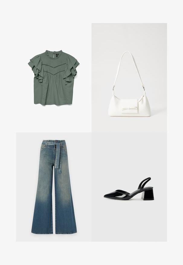 Blouse verte à manches courtes avec des manches volantes, un design plissé et un col rond. Tissu doux avec une coupe décontractée.; Pantalons en denim à jambe large présentant un dégradé de bleu clair à bleu foncé, taille haute, passants de ceinture et une ceinture en tissu assortie. Finition en denim texturé.; Escarpins en cuir verni noir avec bout pointu et talon bloc géométrique. Présente un design élégant et minimaliste ainsi qu'une texture lisse.; Sac à main synthétique blanc en forme triangulaire, avec un rabat avant plat et un détail en nœud, une bandoulière ajustable, une texture lisse et un design minimaliste.
