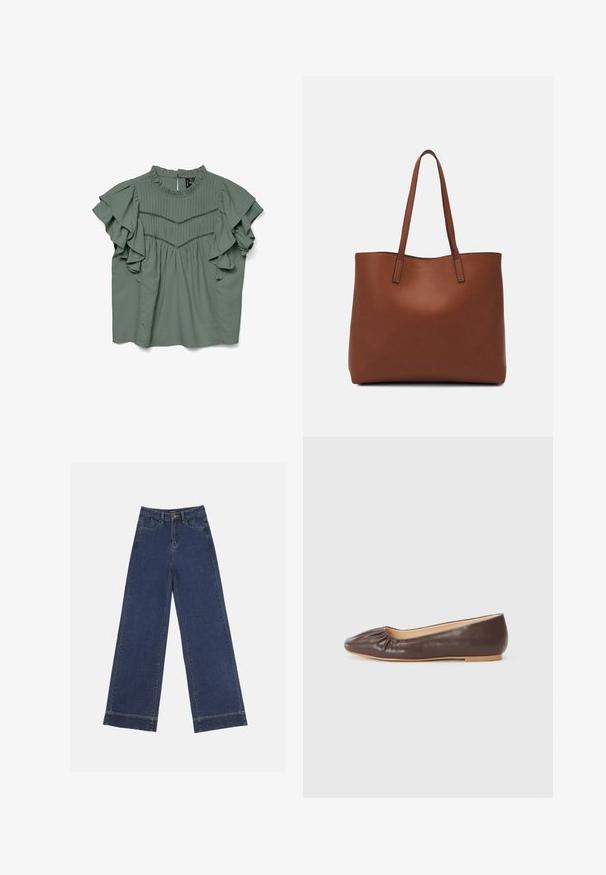 Blouse verte à manches courtes avec des manches volantes, un design plissé et un col rond. Tissu doux avec une coupe décontractée.; Jeans à jambes larges en denim bleu foncé. Comprend cinq poches, des passants de ceinture et un ourlet brut en bas avec des détails de couture visibles.; Ballerine en cuir marron avec un bout arrondi, des détails froncés à l'avant et une semelle plate de couleur claire.; Sac fourre-tout en cuir marron avec une texture lisse, design à ouverture supérieure et deux poignées pour le porter à l'épaule. Présente des coutures minimales et aucun matériel visible.