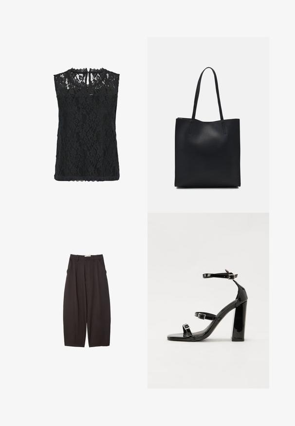 Černý krajkový top bez rukávů s květinovým vzorem, vlnitým výstřihem a výřezem na zádech. Lehká tkanina s texturovaným povrchem.; Černé široké kalhoty vyrobené z hladkého materiálu, s vysokým pasem, předními sklady a bočními kapsami. Jednoduchý design bez ozdob.; Černé lakované sandály na podpatku se čtveratou špičkou, lýtkovými pásky a stříbrnými přezkami. Disponují masivním blokovým podpatkem pro stabilitu.; Černá kožená taška přes rameno s hladkým povrchem, obdélníkovým tvarem a dvěma dlouhými uchy. Žádné viditelné kování ani ozdoby.