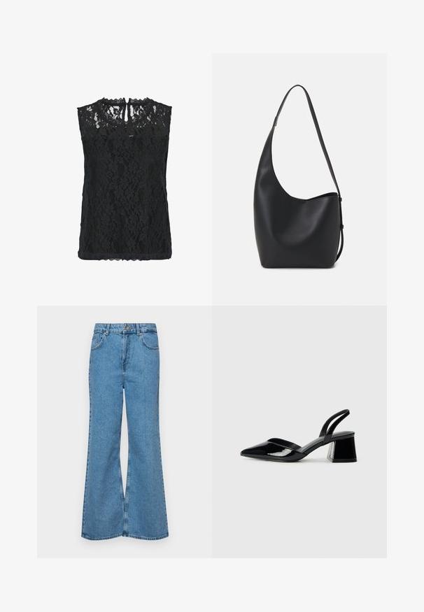 Fekete csipke ujjatlan felső virágmintával, fodros nyakkivágással és kulcslyuk hátmegoldással. Könnyű anyag, texturált felülettel.; Világoskék, trapézszárú farmernadrág, magas derékkal, öt zsebbel és egy gombos záródással. Puha tapintású, magasított effektusú anyag.; Fekete lakk bőr szandálkés magas sarkú cipő, hegyes orral és geometrikus tömbsarkakkal. Karcsú, minimalista dizájn és sima textúra jellemzi.; Fekete bőr hobo táska sima textúrával, ívelt formával és egyetlen állítható pánttal; széles nyílás található a tetején.
