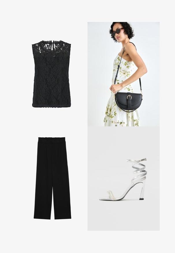 Čierny krajkový top bez rukávov s kvetinovým vzorom, okrúhlym výstrihom a s výrezom na chrbte. Ľahká tkanina s textúrovaným povrchom.; Čierne široké nohavice s volánovým pásom, obsahujúce dve bočné vrecká a hladký, ľahký materiál. Žiadne viditeľné vzory ani kovové príslušenstvo.; Strieborné sandále na vyššej päte so lesklým dizajnom remienka, ktorého súčasťou je perlový akcent a spirálový remienok na členku pre bezpečné uchytenie.; Čierna kožená kabelka s zaobleným tvarom, odnímateľným popruhom a zlatými doplnkami. Kabelka má klopu s detailom s prackou.