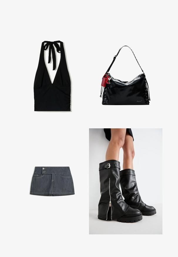 Fekete pántos top mély V-kivágással, nyakán megkötött pántokkal és redőzött részletekkel a deréknál, sima anyagból készült.; Sötét farmer szoknya magas derékkal, két elülső zsebbel, gombos záródással és kontrasztos varrással az élek mentén.; Fekete bőr, térd fölé érő csizmák széles szárwith, oldalsó cipzárral és csatos díszítéssel, textúrált felülettel és vastag gumitalppal.; Fekete bőr kézitáska, laza dizájnnal, fűzős részletekkel az oldalán és egy piros kiegészítő címkével. Hosszú, állítható pánttal rendelkezik.