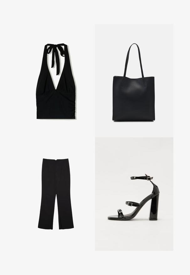 Czarny top na halter z głębokim dekoltem w kształcie V, z wiązanymi ramiączkami na szyi i marszczonym detalem w talii, wykonany z gładkiego materiału.; Czarne spodnie o prostym kroju, z przednimi kieszeniami i bocznymi rozcięciami na dole. Wykonane z miękkiego, gładkiego materiału. Odpowiednie na różne okazje.; Czarne lakierowane sandały na obcasie z kwadratowym noskiem, z paskami wokół kostki i srebrnymi klamrami. Posiadają masywny słupek dla stabilności.; Czarna skórzana torba tote o gładkiej fakturze, prostokątnym kształcie i dwóch długich uchwytach. Brak widocznych elementów metalowych i ozdób.