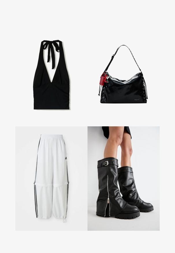 Top negru cu bretele legate la gât și decolteu adânc în V, cu detalii pliate în talie, realizat dintr-un material neted.; Pantaloni atletici albi cu o croială relaxată, talie elastică și dungi negre pe lateral. Prezintă buzunare cu fermoar și manșete elastice la gleznă.; Bocanci din piele negri, până la genunchi, cu un ștaif larg, având un fermoar pe lateral și accent cu cataramă, finisaj texturat și talpă din cauciuc masiv.; Geantă de mână din piele neagră, cu un design lejer, detalii cu șireturi pe laterale și o etichetă de accent roșie. Prezintă o curea lungă, ajustabilă.