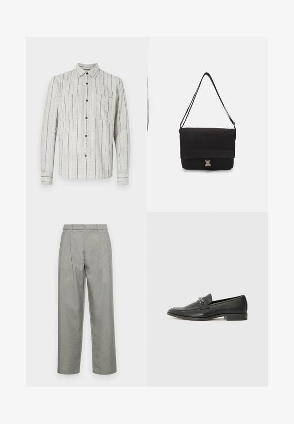 Hele halli pika varrukaga särk, mis on valmistatud tekstureeritud kangast, siniste vertikaalsete triipudega. Särgil on kaks rinnataskut ja tumedad nööbid.; Hallitatud hallid püksid, mis on valmistatud tekstuuriga kangast, sirge jala disainiga, ees pleekidega ning tavalise vöökohtadega, kus on vöökohad.; Must haveate nahkking punased, millel on sile viimistlus, tikitud muster ja dekoratiivne metallkett vampi üle. Tasane konts.; Mustmust kärjer, mis on valmistatud siledast materjalist, fold-over klapiga, hõbedaste kinnitustega ja reguleeritava õlarihmaga.