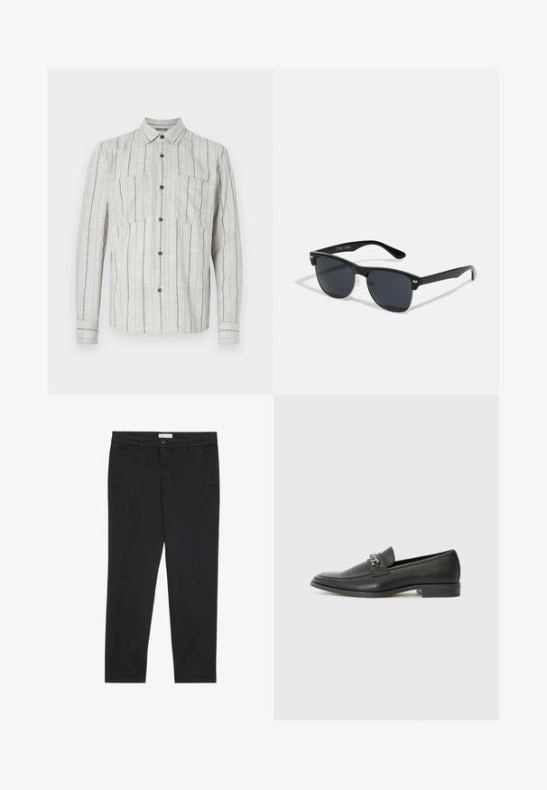 Jasnoszara koszula z długim rękawem, wykonana z teksturowanej tkaniny z niebieskimi pionowymi paskami, z dwiema kieszeniami na piersi i ciemnymi guzikami.; Czarnie bawełniane spodnie o dopasowanym kroju, z dwoma bocznymi kieszeniami i zapięciem na guzik z przodu. Teksturowana tkanina z subtelnymi detalami.; Czarne skórzane mokasyny o gładkim wykończeniu, z haftowanym wzorem i dekoracyjnym akcentem z metalowego łańcucha na wierzchu. Płaska pięta.; Czarne okulary przeciwsłoneczne o prostokątnym kształcie, ciemnych soczewkach, srebrnych akcentach na zausznikach oraz matowym wykończeniu oprawki.