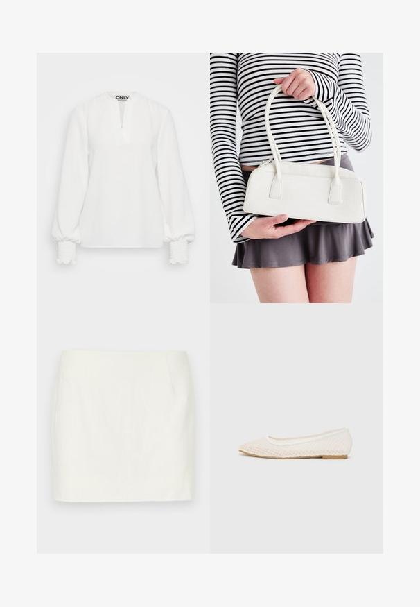 T-shirt blanc à manches longues avec un col à patte, tissu texturé et poignets élastiques froncés. Coupe simple et décontractée. Étiquette de marque "ONLY" visible à l'intérieur.; Mini-jupe en lin blanc à coupe droite, dotée de poches latérales et d'une texture lisse. Aucun motif ou accent visible.; Chaussure plate blanche avec un design en maille, un bout pointu et une semelle basse et plate. Tige texturée avec une doublure lisse et une bordure de contraste subtile.; Sac à main en cuir synthétique crocodile blanc, à deux poignées, de forme rectangulaire et avec une fermeture éclair. Exposé sur un fond clair.
