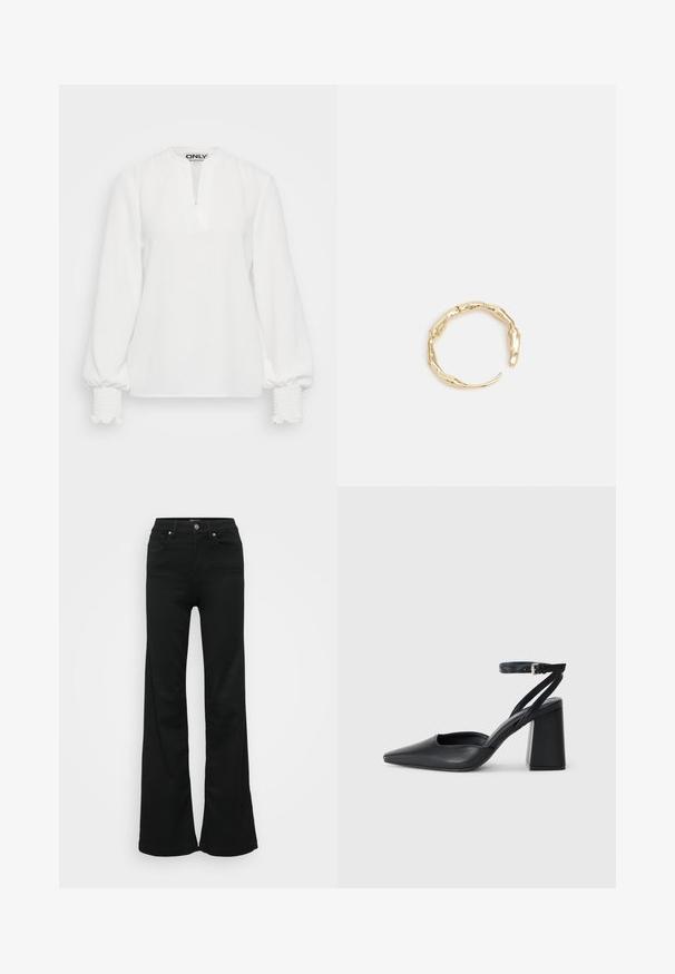 Maglietta bianca a maniche lunghe con scollatura a placket, tessuto testurizzato e polsini elastici arricciati. Vestibilità semplice e rilassata. Etichetta del marchio "ONLY" visibile all'interno.; Jeans neri a zampa d'elefante realizzati in denim, con vita alta, cinque tasche e chiusura con bottone metallico. Texture liscia con dettagli minimi.; Pump in pelle nera con punta affusolata, cinturino alla caviglia e tacco spesso. Texture piatta, design elegante ed estetica minimalista.; Anello in tono oro con un design organico e Twisted, caratterizzato da una superficie liscia e punte affusolate, che crea un aspetto moderno e scultoreo.
