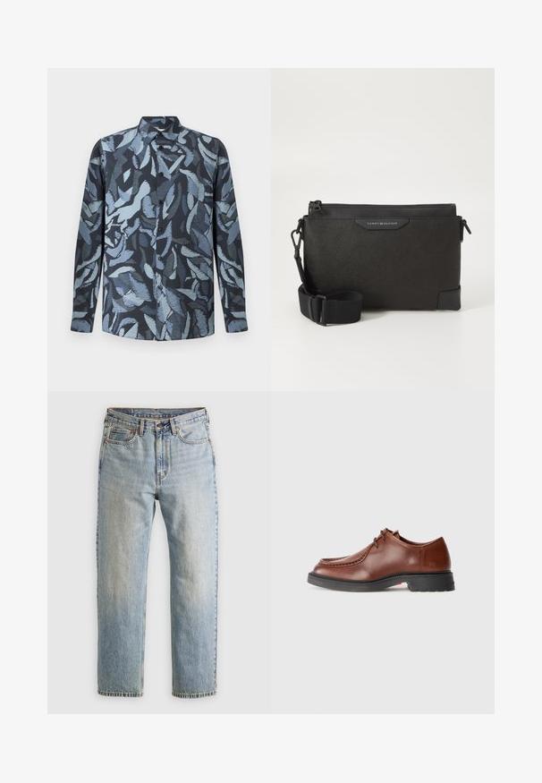 Camicia a maniche lunghe realizzata in tessuto morbido, caratterizzata da una base blu scuro con motivi astratti di foglie blu chiaro, chiusura con bottoni e colletto.; Jeans in denim azzurro chiaro con vita alta, bottone anteriore, cerniera e design a cinque tasche, adagiati su uno sfondo neutro.; Scarpa da dress in pelle marrone con punta rotonda, cuciture a contrasto, design con lacci e suola in gomma nera texture.; Borsa a tracolla in pelle nera con finitura testurizzata, dotata di chiusura a zip e tracolla regolabile. Fodera con logo sul davanti. Forma rettangolare.