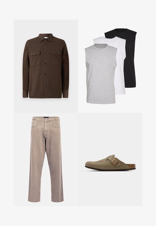 Rjava srajca z gumbi, izdelana iz tkanine, z dvema žepoma na prsih, črnimi gumbi, ovratnikom ter dolgimi rokavi z gumbnimi manšetami.; Tri brezrokavne majice v sivi, beli in črni barvi. Mehka bombažna tkanina s krojnim ovratnikom in sproščenim fit. Enostavna zasnova, brez vzorcev.; Svetlo bež kavbojke s pravimi hlačnicami in rahlo posivelo teksturo, z zasnovo s petimi žepi in zaponko z metalnim gumbom. Izstopajoči šivi.; Rjave klompice z gladko, matirano površino. Na strani imajo izrazit bronast sponko. Korkov vložek in gumijast podplat za udobje.