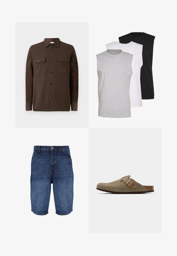 Ruskea napitettava paita, joka on valmistettu kankaasta ja jossa on kaksi rintataskua, mustat napit, kaulus ja pitkät hihat nappikauluksilla.; Kolme ilmanhihaista t-paitaa harmaana, valkoisena ja mustana. Pehmeä puuvillakangas, pyöreä pääntie ja rento malli. Yksinkertainen muotoilu, ei kuvioita.; Tummansinisiä farkkushortseja, joissa on haalistunut viimeistely. Omistaa viisi taskua, edessä napin suljenta ja tikattu yksityiskohta saumoissa.; Ruske läppäkorot, joilla on sileä, matta pinta. Sivulla on näkyvä pronssivöri. Korkkijalkine ja kumipohja mukavuutta varten.