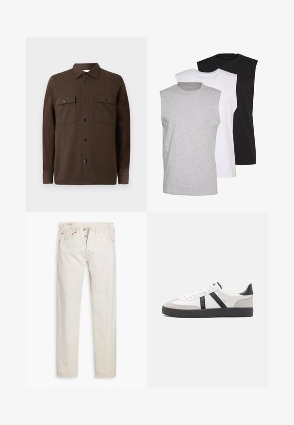 Rudas mygtukų marškiniai iš audinio su dviem krūtininėmis kišenėmis, juodais mygtukais, apykakle ir ilgomis rankovėmis su mygtukais.; Trys beblauzdžiai marškiniai pilkos, baltos ir juodos spalvų. Minkšta medvilnės medžiaga, apvaliu iškirpimu ir laisvu siluetu. Paprastas dizainas, be raštų.; Off-white aukštos juosmens siauri džinsai su sagčių užsegimu, penkiomis kišenėmis ir variniais išvaržais, išdėstyti ant balto fono.; Balti sportbačiai su juodais ir pilkais akcentais, pasižymintys tekstūruotu pilku pirštų dangteliu, juoda gumine padais ir plokščiomis baltomis raišteliais. Švarus dizainas, minimalistinis stilius.