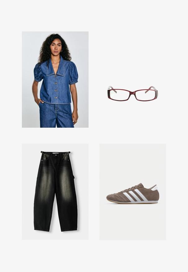 Denim blúz puffos ujjal, nagy gallérral és hét gombbal. Kék színű, látható varrási részletekkel és laza szabással.; Bő fekete farmernadrág, elhalványult textúrával, öt zsebbel és egy hurkkal a derékon. A dizájn laza illeszkedést és egyenes lábakat kínál.; Barna velúr sportcipő fehér csíkokkal, kerek orral, fűzős kialakítással és gumitalppal. Textúrázott felsőrész varrási részletekkel.; Vörös téglalap alakú szemüveg, amelynek elegáns kivitele van. Átlátszó lencsék, enyhén áttetsző szárak, és vörösből szürkébe átmenő színátmenet.