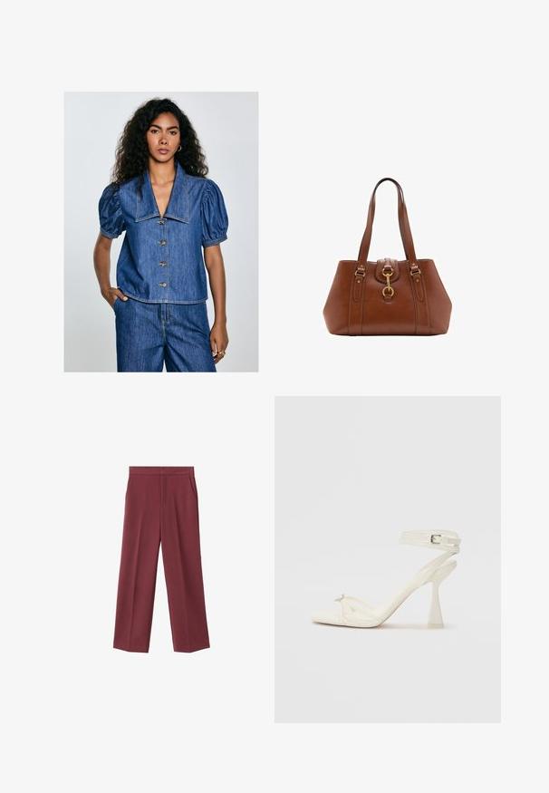 Denim blouse met pofmouwen, een grote kraag en zeven knopen. Blauwe kleur met zichtbare stiksels en een ontspannen pasvorm.; Bordeaux brede broek met een zachte textuur, voorzien van zijzakken en een hoogtaille ontwerp. Strak gesneden met een nette voorplooi.; Strappy hoge hak sandaal in wit leer met een slank ontwerp, een transparante blokhak en een decoratief element bij de teen.; Bruine leren handtas met dubbele banden, een afgeronde vorm, gouden hardware en een centrale sluiting. Gladde textuur met gestikte accenten.