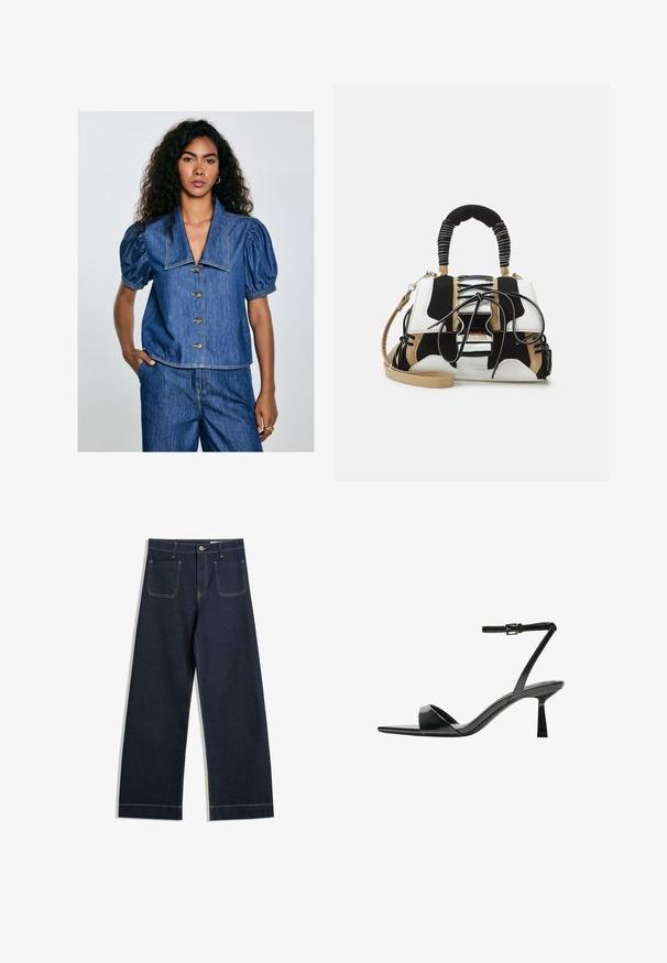 Denimbluse med puffærmer, en stor krave og syv knapper. Blå farve med synlige stikningsdetaljer og en afslappet pasform.; Mørkeblå vide jeans lavet af denim med kontrasterende beige syninger, to baglommer og en knaplukning i taljen.; Bershka Højhælede sandaletter / Højhælede sandaler - black; Multifarvet håndtaske med sort, hvid og beige net. Har et struktureret håndtag, snørebåndsdesign og aftagelig skulderrem.