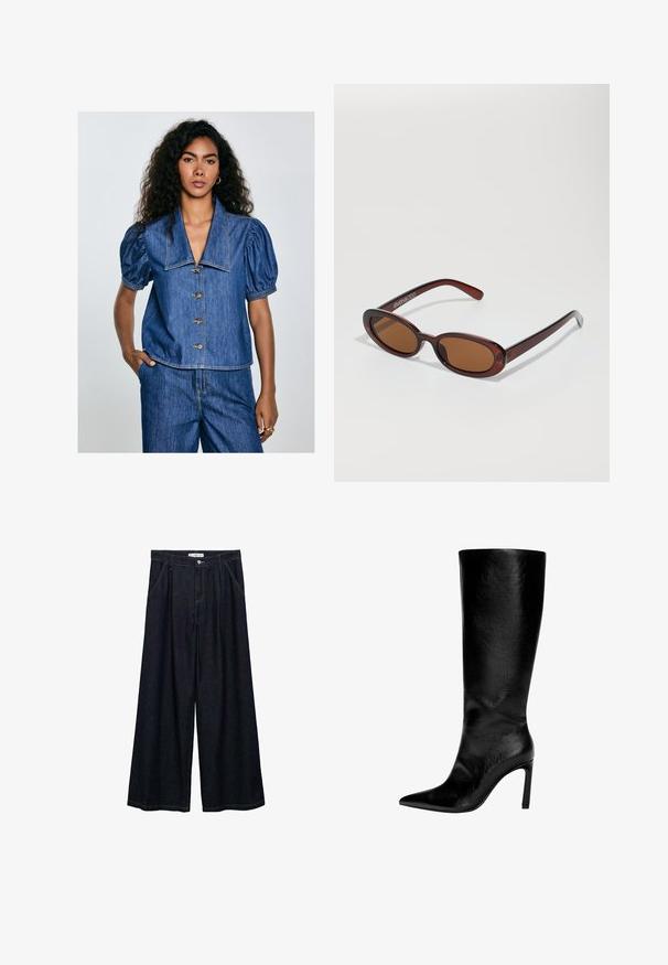 Denim bluzica s napuštenim rukavima, velikim ovratnikom i sedam dugmadi. Plava boja s vidljivim šavnim detaljima i opuštenim krojem.; Tamno plave široke traperice visokog struka, koje imaju prednje kopčanje na dugme, dva bočna džepa i detalje šivanja.; Čizme od crne kože do koljena s šiljastim vrhom, visokim štiklama, glatkom finišom i jednostavnim, elegantnim dizajnom bez ukrasa.; Okvir okruglih, smeđkastih sunčanih naočala s sjajnim burgundskim okvirom. Uski nositelji s suptilnim brendiranjem. Ravna leća.